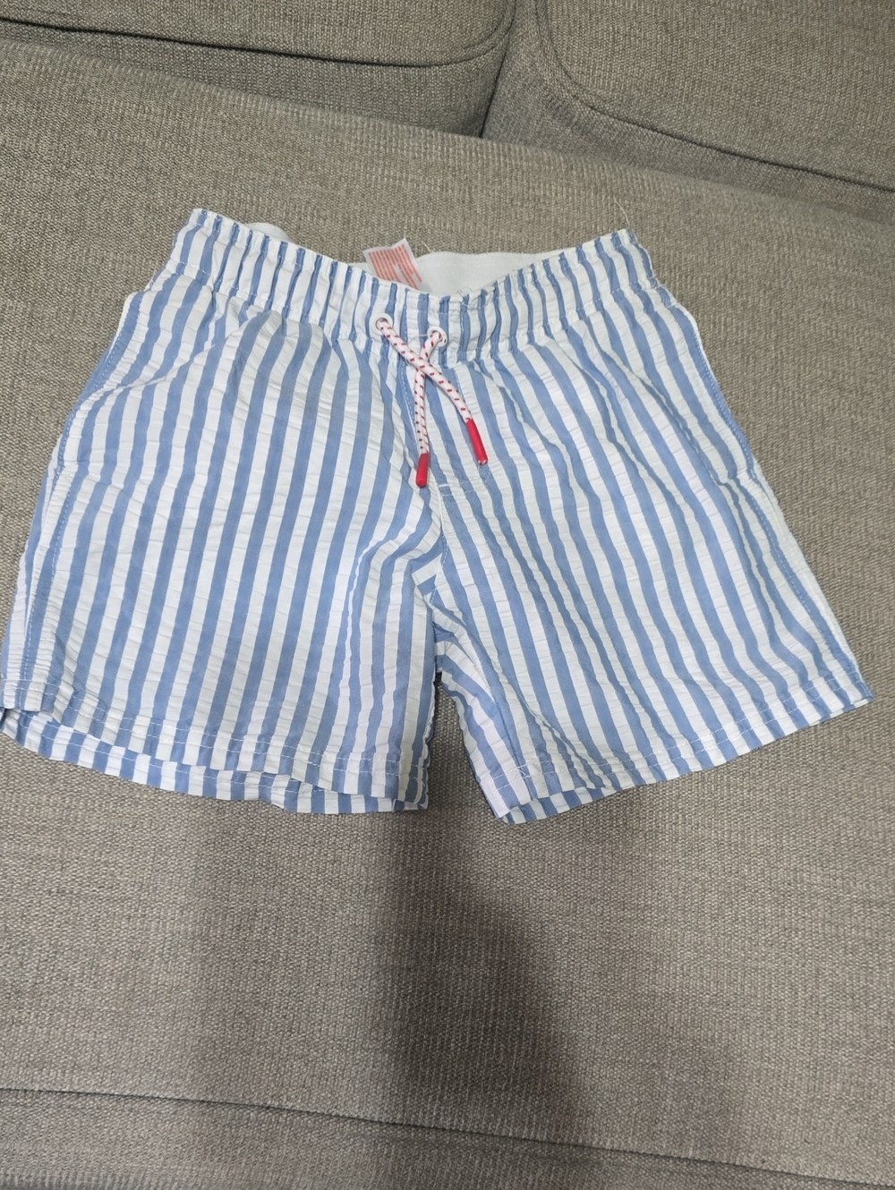 Boy's Blue & White Striped Drawstring Swim Trunks